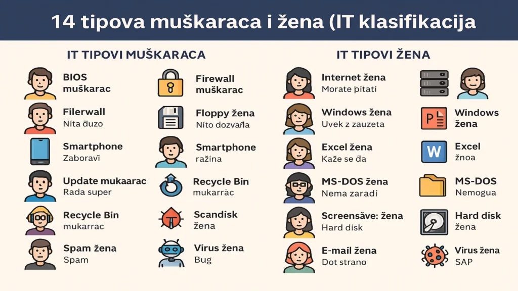 Ilustracija 14 IT tipova muškaraca i žena u satiričnom prikazu