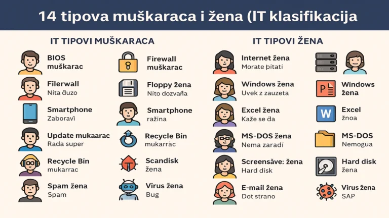 Ilustracija 14 IT tipova muškaraca i žena u satiričnom prikazu