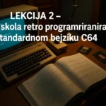 Lekcija 2 – Mala škola retro programiranja u standardnom bejziku C64 (retro C64 računar, BASIC ekran, otvorena knjiga)