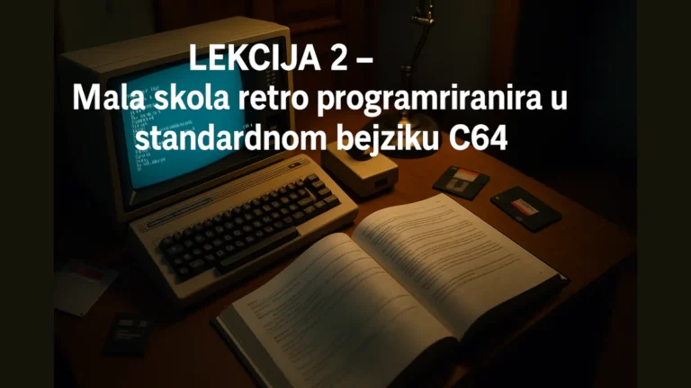 Lekcija 2 – Mala škola retro programiranja u standardnom bejziku C64 (retro C64 računar, BASIC ekran, otvorena knjiga)