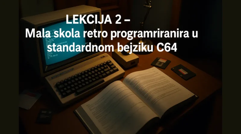 Lekcija 2 – Mala škola retro programiranja u standardnom bejziku C64 (retro C64 računar, BASIC ekran, otvorena knjiga)