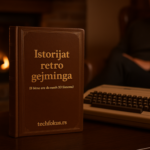 Knjiga u kožnom povezu sa natpisom "Istorijat retro gejminga (8-bitne ere do ranih 3D sistema)" stoji uspravno na stočiću ispred kamina sa upaljenom vatrom