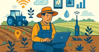 Poljoprivrednik sa laptopom u polju, okružen ikonama digitalne tehnologije, traktorom i senzorima
