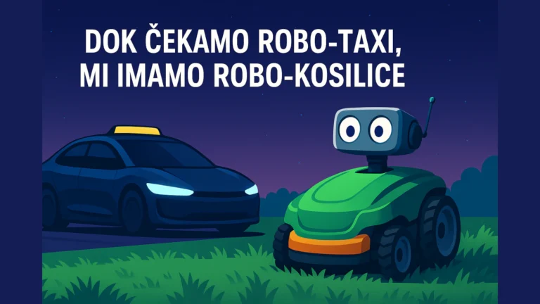 lustracija robo-taksija na putu i simpatične robo-kosilice na travnjaku uz natpis ‘Dok čekamo robo-taxi, mi imamo robo-kosilice