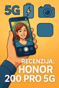 Honor 200 Pro 5G u ruci korisnika dok fotografiše portret, uz simbole za kameru, brzo punjenje i 5G