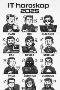 Ilustracija sa svih 12 horoskopskih znakova uz natpis "IT Horoskop 2025" u crno-belom digitalnom stilu