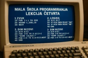 Commodore 64 BASIC lekcija sa ekranom prikazanim u retro stilu – zvuk, logika i dim nizovi