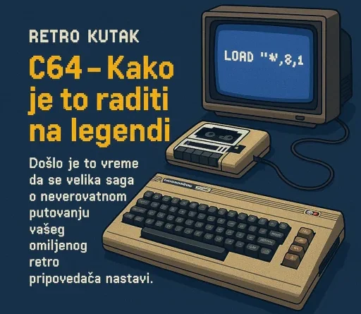 Piksel-art prikaz Commodore 64 sa kasetofonom i retro ekranom koji učitava LOAD komandu