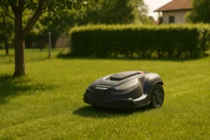 Pametna robotska kosilica kosi travu u dvorištu porodične kuće