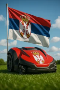 Crvena robotska kosilica sa grbom Srbije ispred srpske zastave na otvorenom travnjaku