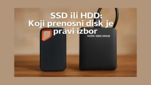 SSD i HDD eksterni diskovi prikazani jedan pored drugog na drvenoj podlozi