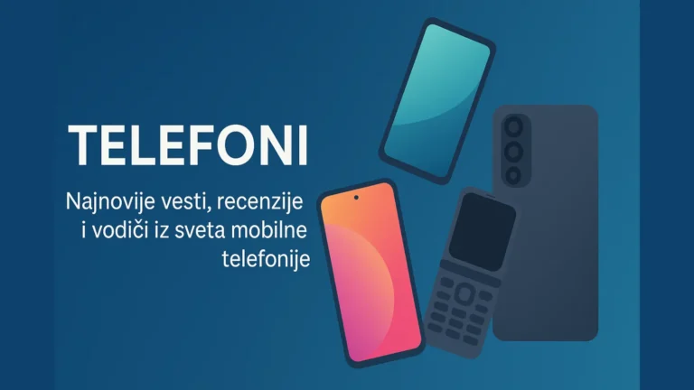 Ilustracija pametnih telefona i klasičnog mobilnog telefona uz natpis "TELEFONI – Najnovije vesti, recenzije i vodiči iz sveta mobilne telefonije