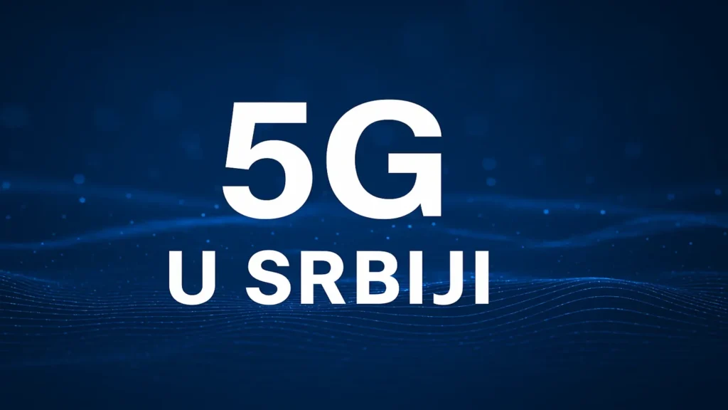 a blue background with white textIlustracija koncepta 5G mreže u Srbiji sa futurističkim plavim talasima i istaknutim natpisom