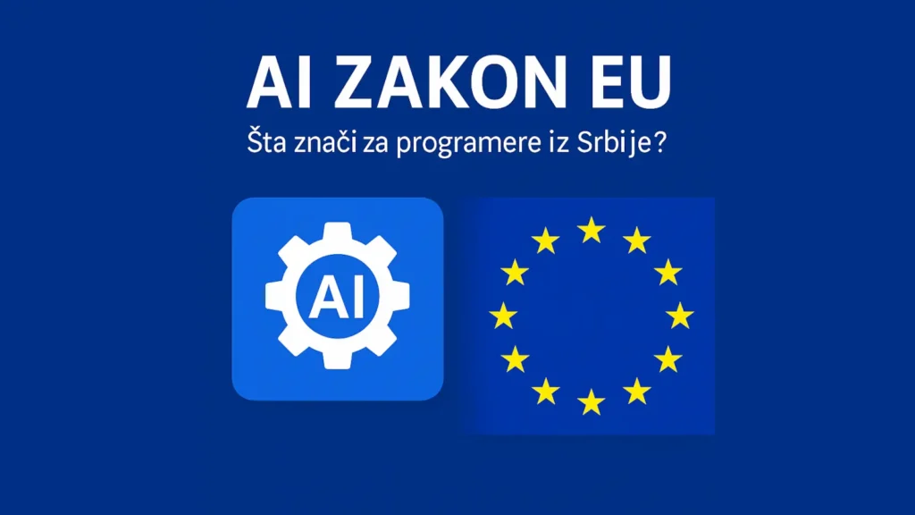 Ilustracija AI zakona EU sa zupčanikom i evropskom zastavom