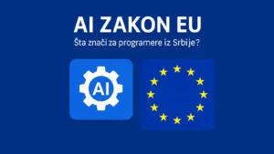 Ilustracija AI zakona EU sa zupčanikom i evropskom zastavom