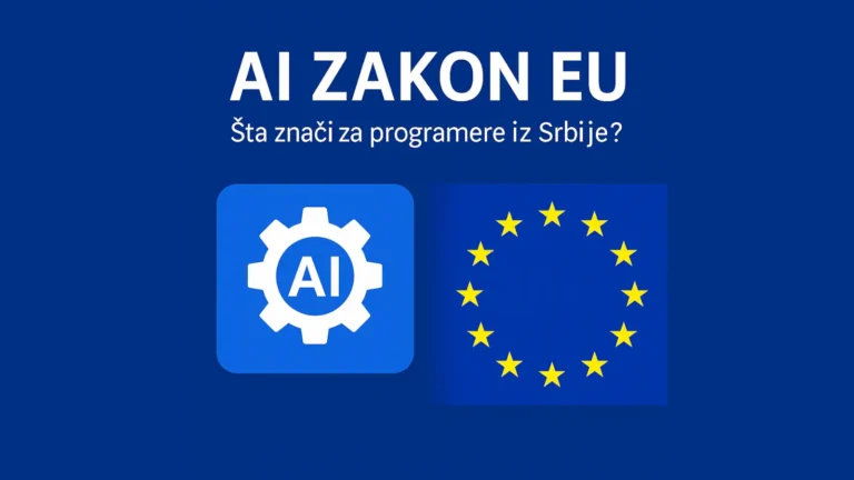 Ilustracija AI zakona EU sa zupčanikom i evropskom zastavom