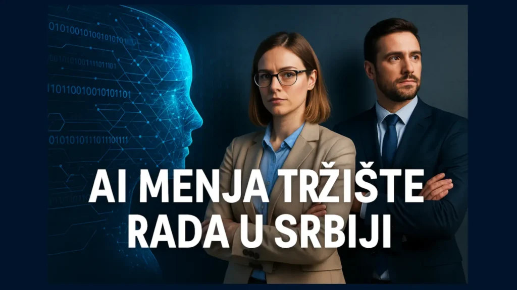 Veštačka inteligencija utiče na tržište rada u Srbiji – ilustracija sa profesionalcima i digitalnim profilom AI