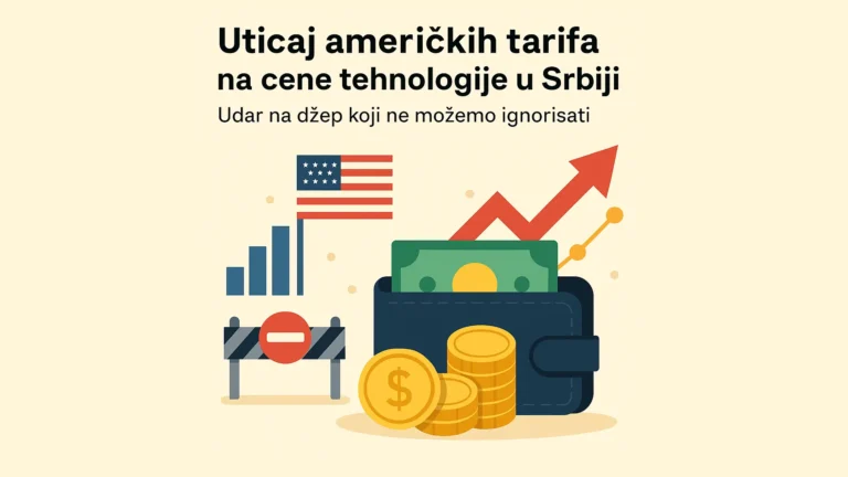 Ilustracija trgovinskih tenzija i njihovog uticaja na cene tehnologije u Srbiji, sa motivima carina, zastava i elektronike