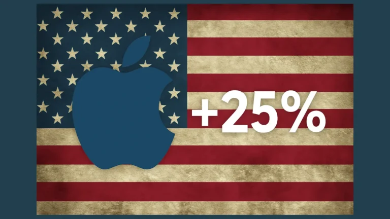 Stilizovani Apple logotip sa oznakom +25% ispred imaginarne američke zastave