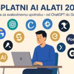 Osoba sedi za računarom dok oko nje lebde logotipi AI alata poput ChatGPT, Gemini, Copilot i drugih