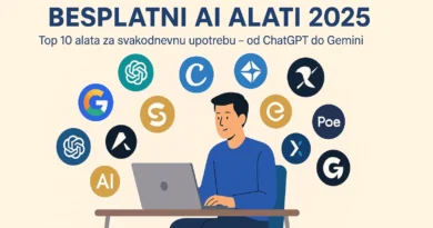 Osoba sedi za računarom dok oko nje lebde logotipi AI alata poput ChatGPT, Gemini, Copilot i drugih