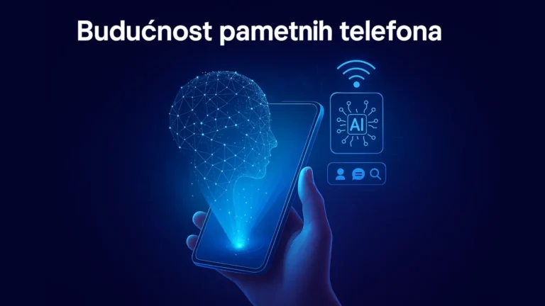 Koncept pametnog telefona budućnosti sa holografskim prikazima i AI interfejsom
