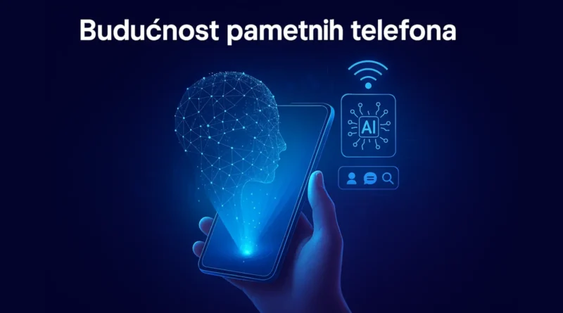 Koncept pametnog telefona budućnosti sa holografskim prikazima i AI interfejsom