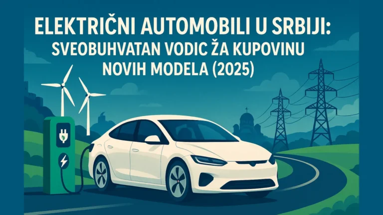 Električni automobil u Srbiji koji se puni na stanici sa vetroturbinama i dalekovodima u pozadini