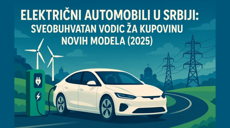 Električni automobil u Srbiji koji se puni na stanici sa vetroturbinama i dalekovodima u pozadini