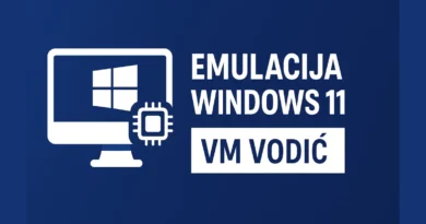 Emulacija Windows 11 – VM vodič na plavoj pozadini sa ikonom monitora i mikročipa