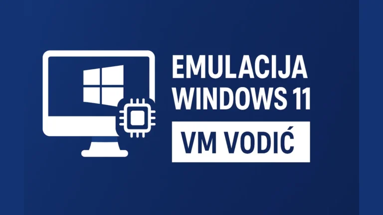 Emulacija Windows 11 – VM vodič na plavoj pozadini sa ikonom monitora i mikročipa