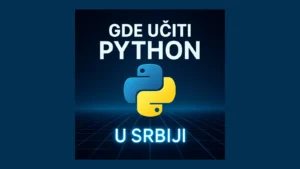 Ilustracija sa simbolima Pythona, učenja i digitalnih kurseva u edukativnom kontekstu Srbije