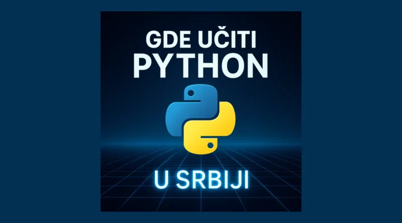 Ilustracija sa simbolima Pythona, učenja i digitalnih kurseva u edukativnom kontekstu Srbije