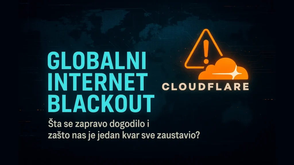 Ilustracija digitalnog prekida interneta sa simbolima Google-a, Cloudflare-a i globalnih servisa