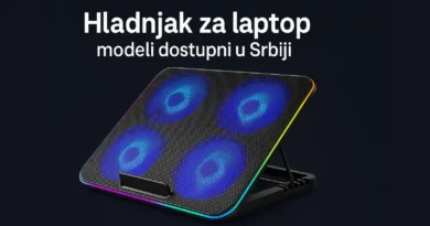 Hladnjak za laptop sa LED ventilatorima i natpisom "modeli dostupni u Srbiji