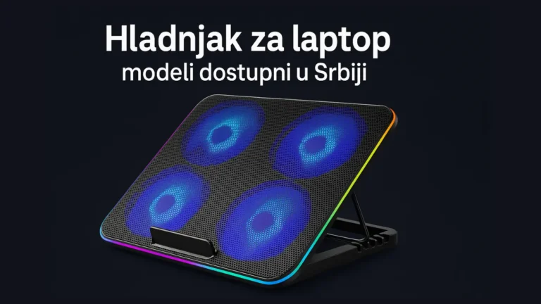 Hladnjak za laptop sa LED ventilatorima i natpisom "modeli dostupni u Srbiji