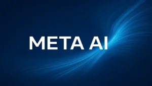 Digitalna ilustracija sa tekstom "META AI" na tamnoplavoj pozadini sa svetloplavim linijama koje simbolizuju podatkovne tokove
