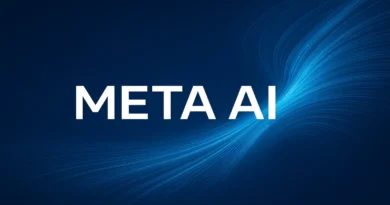 Digitalna ilustracija sa tekstom "META AI" na tamnoplavoj pozadini sa svetloplavim linijama koje simbolizuju podatkovne tokove