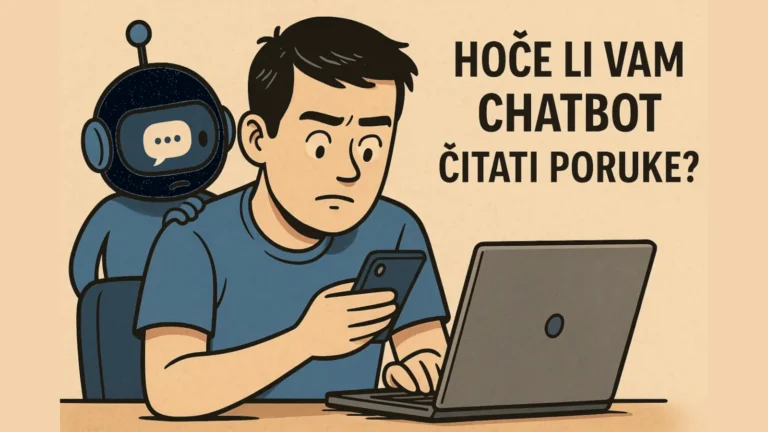 Strip ilustracija u kojoj chatbot zaviruje u poruke korisnika