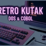 Retro računarski setup sa DOS komandnom linijom i referencom na COBOL programiranje