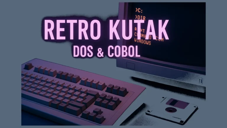 Retro računarski setup sa DOS komandnom linijom i referencom na COBOL programiranje