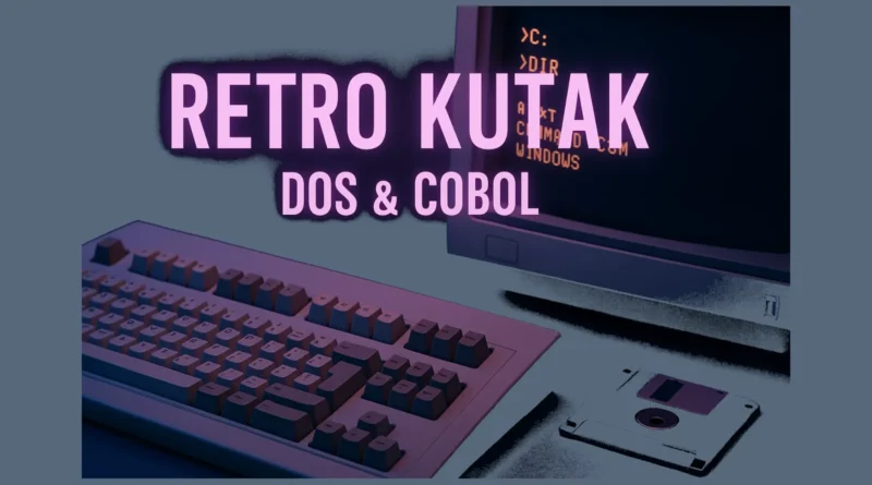 Retro računarski setup sa DOS komandnom linijom i referencom na COBOL programiranje