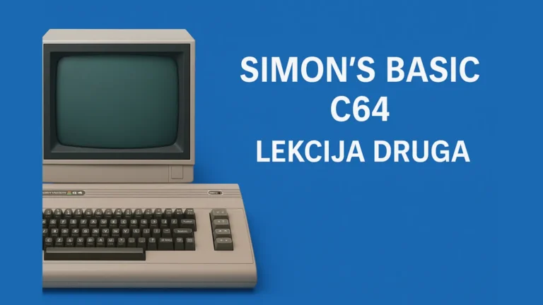 Ilustracija računara Commodore 64 sa tekstom Simon’s BASIC C64 – Lekcija druga