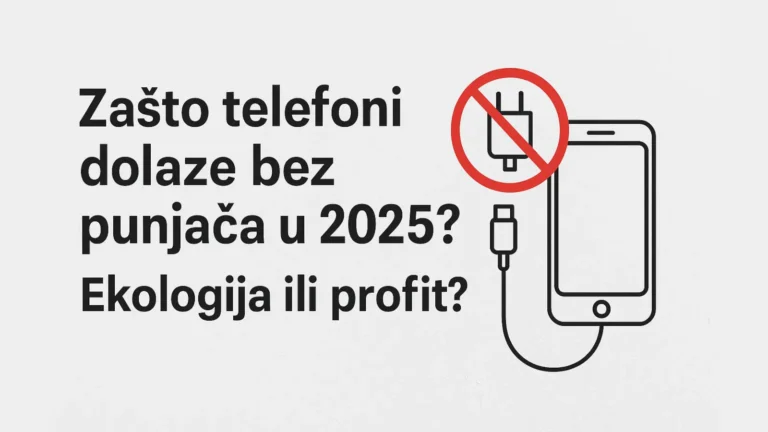 Digitalna ilustracija sa pitanjem „Zašto telefoni dolaze bez punjača 2025?“ u centru slike, sa ekološkim i tehnološkim motivima u pozadini.