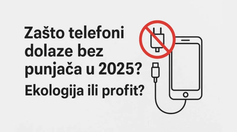 Digitalna ilustracija sa pitanjem „Zašto telefoni dolaze bez punjača 2025?“ u centru slike, sa ekološkim i tehnološkim motivima u pozadini.