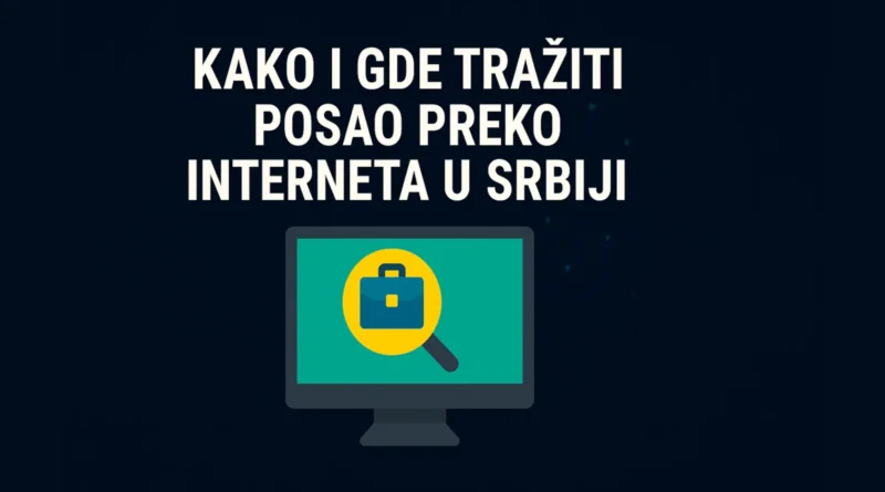 Ilustracija online traženja posla u Srbiji – monitor sa ikonom poslovne torbe