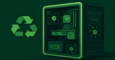 Ilustracija zelenog računara sa energetski efikasnim komponentama i simbolom reciklaže