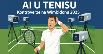 Zbunjen teniser na Vimbldonu okružen AI kamerama i digitalnim senzorima na travnatom terenu