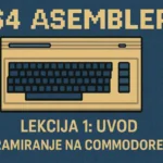 Pixel-art prikaz C64 tastature sa tekstom "C64 Asembler – Lekcija 1: Uvod u Programiranje na Commodore 64