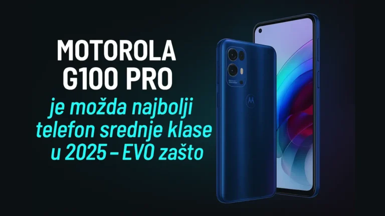 Motorola G100 Pro – promotivna slika sa renderom telefona i tekstom na srpskom jeziku